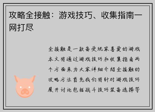 攻略全接触：游戏技巧、收集指南一网打尽